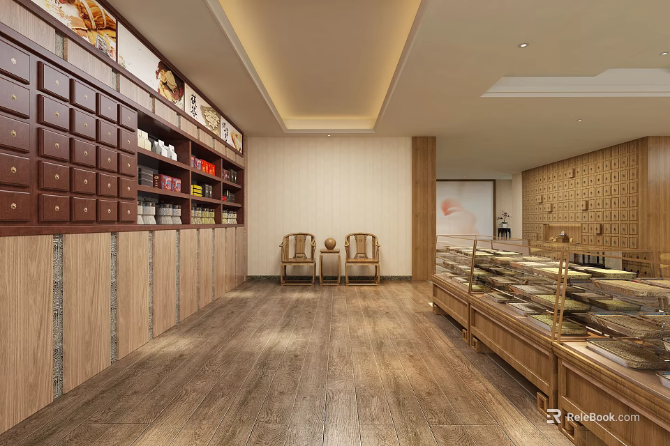 Traditional Chinese Medicine Shop Interior With Wooden Cabinets Display Cases And Seating Area 3d model 