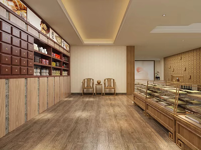 Traditional Chinese Medicine Shop Interior With Wooden Cabinets Display Cases And Seating Area 3d model