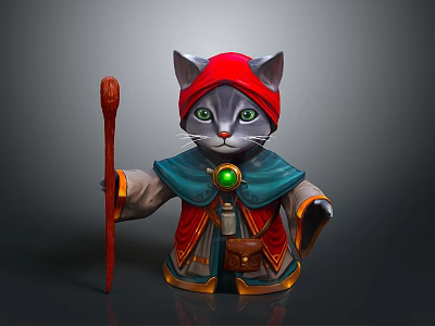 Wizard Cat With Red Hat Green Eyes Blue Red Cloak Green Gemstone And Red Staff 3d model