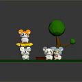 Cute Game Cartoon Animal Characters with Low Poly Tree Green Grass and Red Box