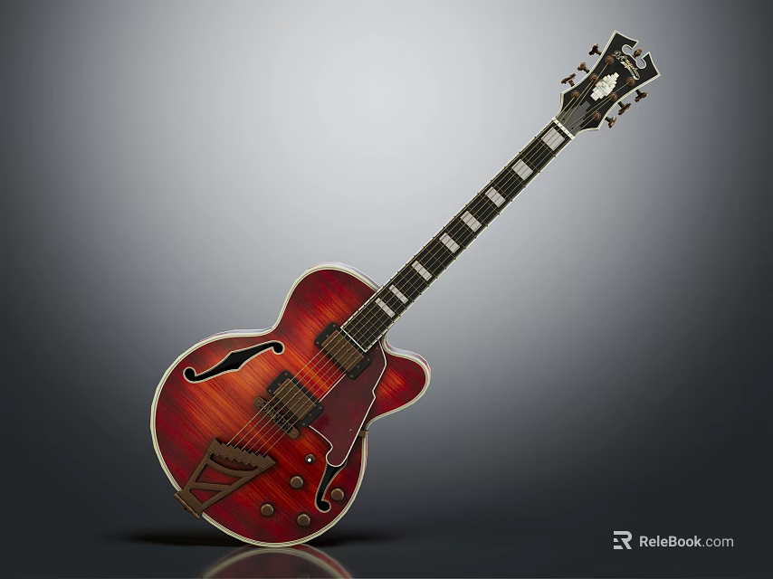 Classic Red Semi Hollow Body Electric Guitar With F Hole And Inlaid Fretboard Design 3d model 