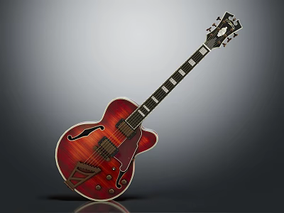 Classic Red Semi Hollow Body Electric Guitar With F Hole And Inlaid Fretboard Design 3d model