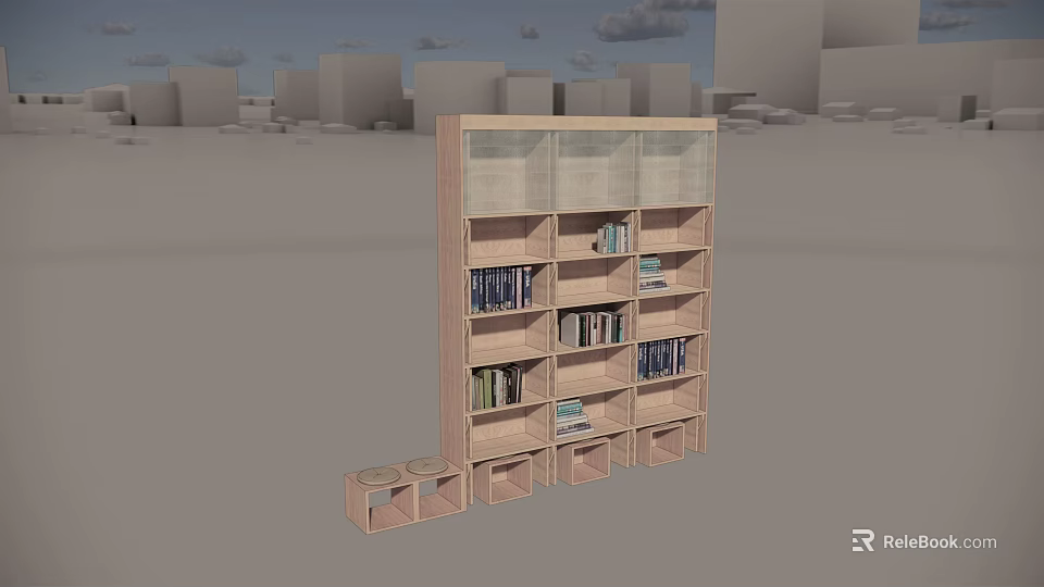 Modern Wooden Bookcase With Glass Doors Multiple Shelves And Lower Storage Cabinets 3d model 