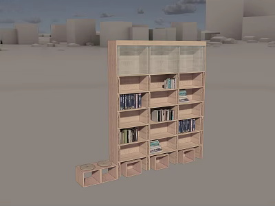 Modern Wooden Bookcase With Glass Doors Multiple Shelves And Lower Storage Cabinets 3d model