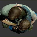 Man In Green Shirt Holding Child With Blue Pants Against Gray Background