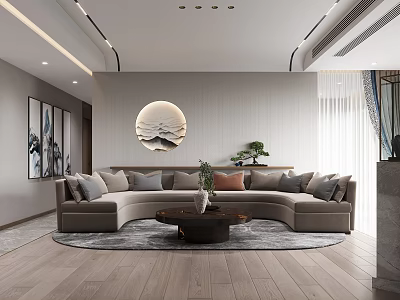 Modern Living Room With Curved Sofa Cushions Circular Decorative Painting Coffee Table On Circular Rug 3d model