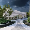 Modern Garden Landscape With Curved Pathways Green Plants Sculptures And Modern Building