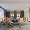 Modern Conference Room With Round Table Orange Chairs Projector Screen And Windows 3d model