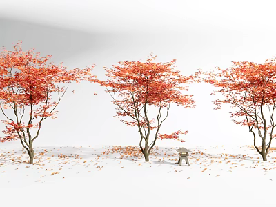 Three Red Leaf Trees with Fallen Leaves and Small Stool in White Space 3d model