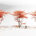 Three Red Leaf Trees with Fallen Leaves and Small Stool in White Space 3d model