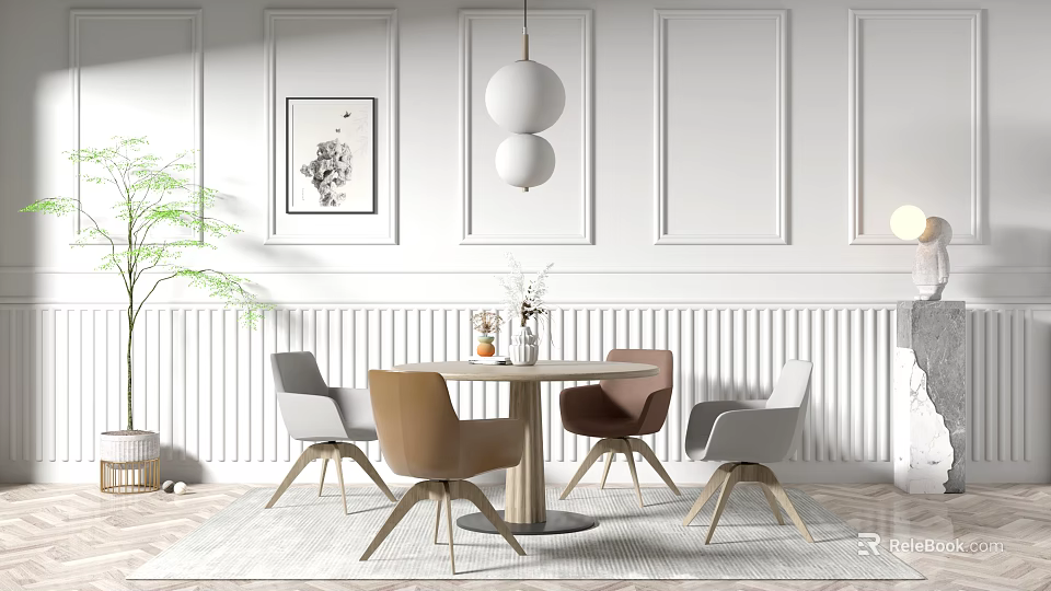 Modern Dining Table Set With Colored Chairs White Wall Art Spherical Pendant Light And Plant 3d model 