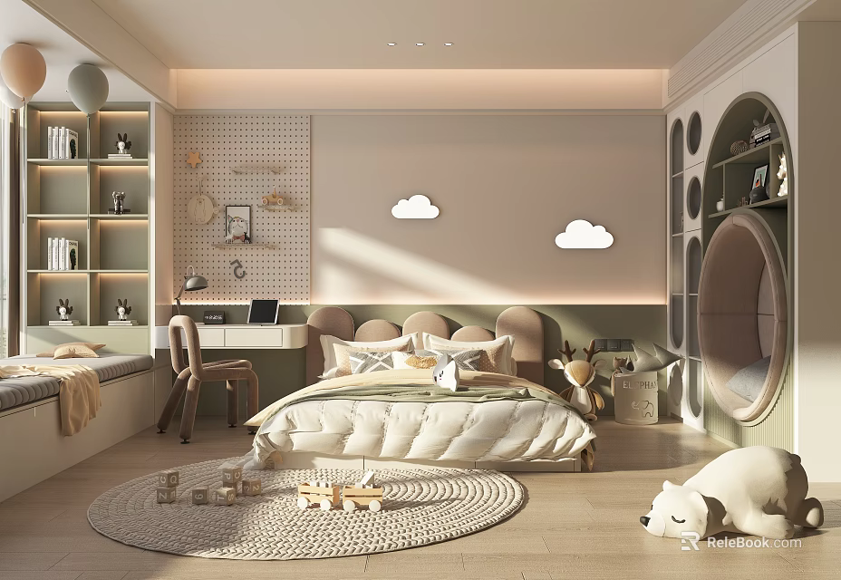 Cozy Modern Kids Room With Bed Pillows Knit Rug Desk And Cloud Decor 3d model