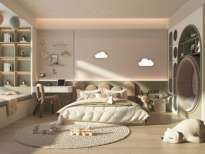 Modern Children's Room Cream Universal Children's Room Study Table and Chair Chandelier Toy Doll Wardrobe Socket Display Cabinet 3d model