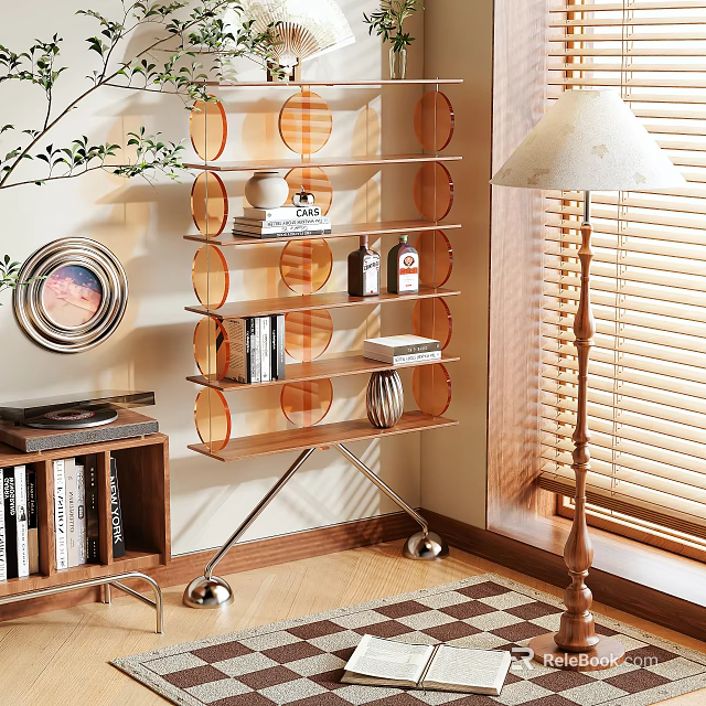 Modern Shelf Unit With Clear Circular Shelves Wooden Frame Metal Legs For Books Decorative Items 3d model 