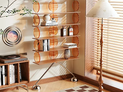 Modern Shelf Unit With Clear Circular Shelves Wooden Frame Metal Legs For Books Decorative Items 3d model