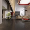 Modern Lounge Area Interior Design With Red Accent Wall Blue Lighting And Black Sculpture
