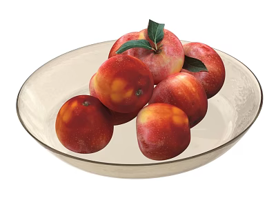 Fresh Red And Yellow Peaches With Green Leaves In Transparent Glass Bowl 3d model