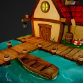 Cartoon House with Red Pointed Roof Chimney Wooden Dock Small Boat Pond and Green Grass