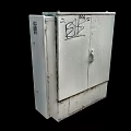 Weathered White Metal Cabinet With BB Graffiti On Door And Rustic Exterior