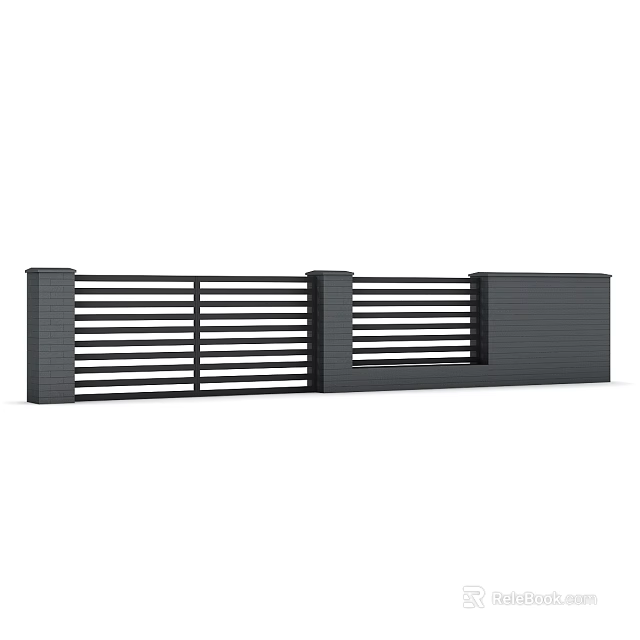Modern Metal Fence Design With Horizontal Slats And Brick Pillar Panel Structure 3d model 