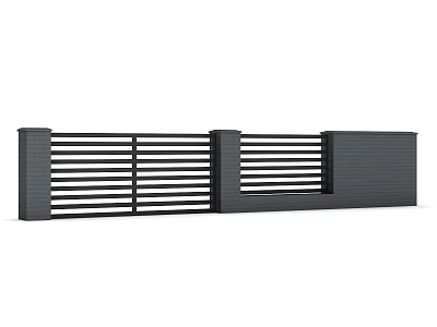 Modern Metal Fence Design With Horizontal Slats And Brick Pillar Panel Structure 3d model