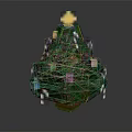 Pixel Style Green Christmas Tree With Star On Top Colorful Ornaments White String Lights And Base