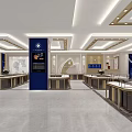 Elegant Modern Jewelry Store Interior With Glass Display Cases Golden Counters And Chandelier Lighting