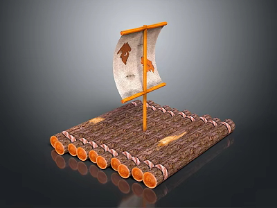 Rustic Traditional Wooden Log Platform Featuring Handmade Flag And Simple Patterns 3d model