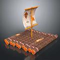 Rustic Traditional Wooden Log Platform Featuring Handmade Flag And Simple Patterns