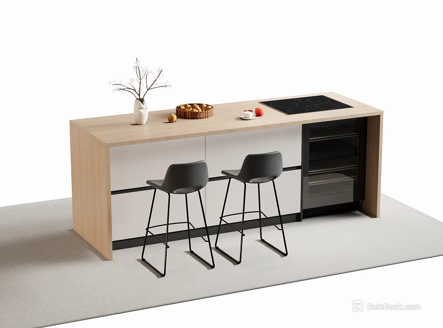 Modern Bar Counter With Wooden Top Built-in Stove Black Stools Vase Bread Fruits 3d model 