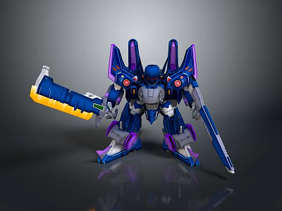 Blue And Purple Robot Game Movie Character With Mechanical Design Hammer And Sword 3d model