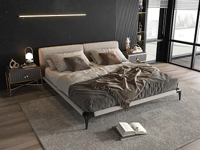 Modern Minimalist Bedroom Interior With Double Bed Gray Bedding Nightstand Lamp And Area Rug 3d model