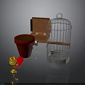 White Birdcage Red Flower Pot Golden Lantern And Open Box Display Scene