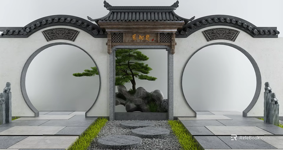 Traditional Chinese Garden Wall With Circular Moon Gate Tiled Roof Pine Tree And Rockery Stones 3d model 