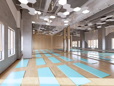 Yoga Fitness Room With Blue Mats Arranged Neatly On Wooden Floor And Geometric Lights 3d model