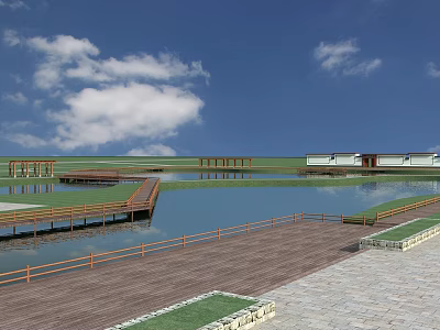 Road Facilities With Wooden Walkway Orange Railings Water Area And Green Grassland 3d model