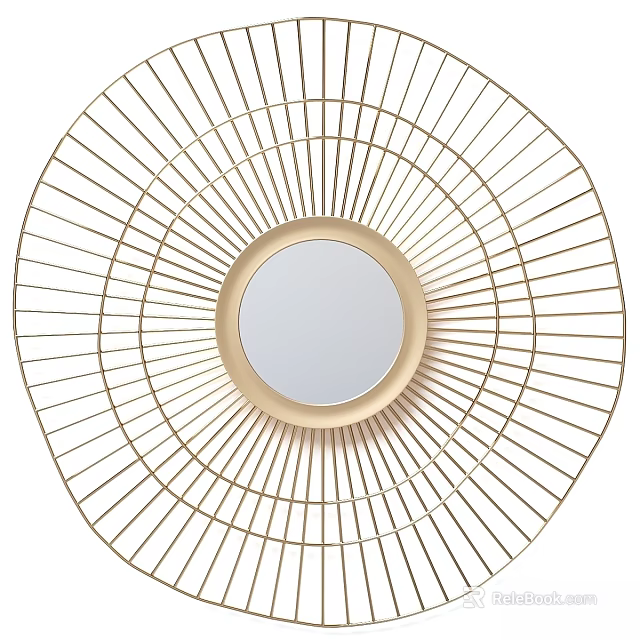 Golden Decorative Mirror With Radial Wire Frame And Circular Reflective Surface 3d model 