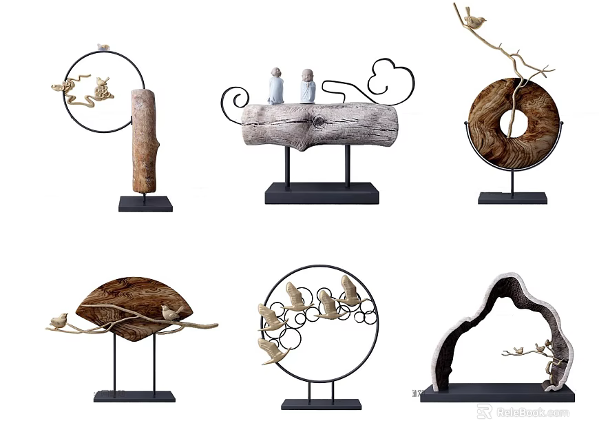 Minimalist Decorative Ornament Collection Featuring Wooden Log Circular Metal Frame Bird Branch Designs 3d model 