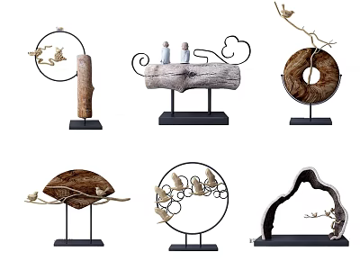 Minimalist Decorative Ornament Collection Featuring Wooden Log Circular Metal Frame Bird Branch Designs 3d model