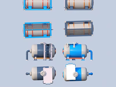 Industrial Storage Tanks With Blue Gray Bodies Orange Stripes Pipes Valves And Metal Frames 3d model