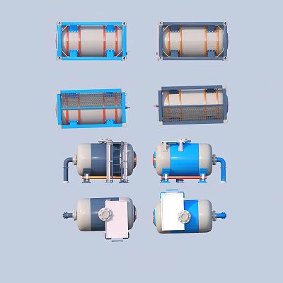 Industrial Storage Tanks With Blue Gray Bodies Orange Stripes Pipes Valves And Metal Frames 3d model