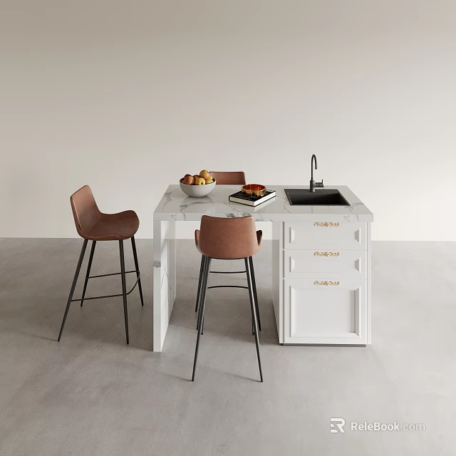 Modern White Functional Table With Marble Countertop Sink Drawers And Brown Bar Stools 3d model 
