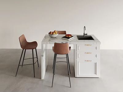 Modern White Functional Table With Marble Countertop Sink Drawers And Brown Bar Stools 3d model