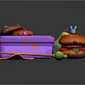 Colorful Decorated Food Items in Purple Lunch Box with Large Hamburger and Chopsticks