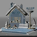 Winter Themed Art Installation With Blue House Hot Spring Pool And Snowman Decorations 3d model