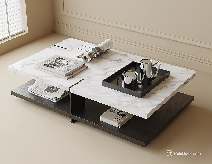 Modern Coffee Table With Marble Top Black Base And Magazines Tray And Mugs 3d model 