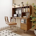 Wooden Desk With Bookshelf Books Laptop Table Lamp Upholstered Chair And Green Plant