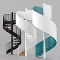 Modern Spiral Staircase Design With Black White Blue Steps And Metal Railings