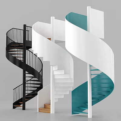 Modern Spiral Staircase Design With Black White Blue Steps And Metal Railings 3d model
