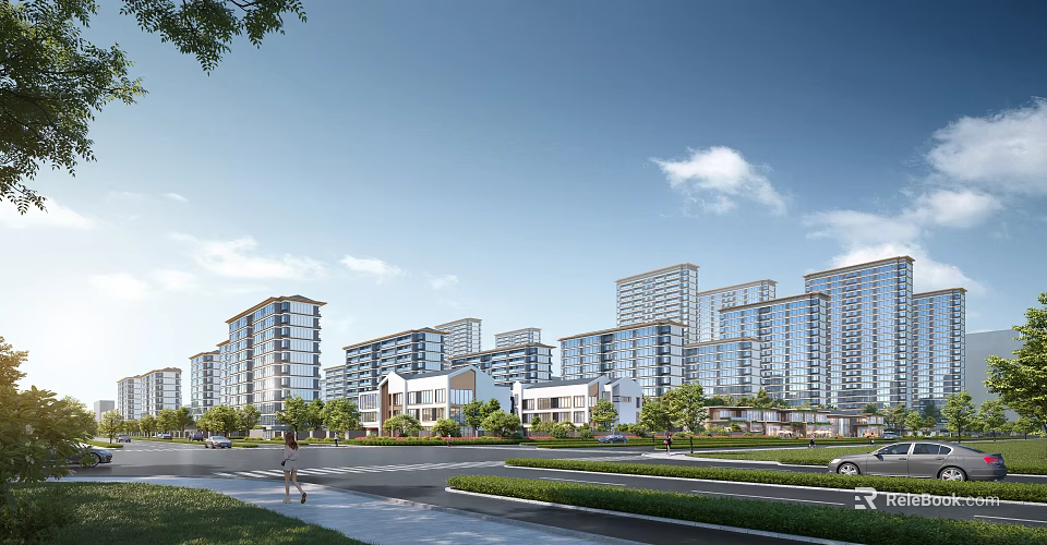 Modern Residential Buildings With Green Spaces Roads And Pedestrians Under Clear Sky 3d model 
